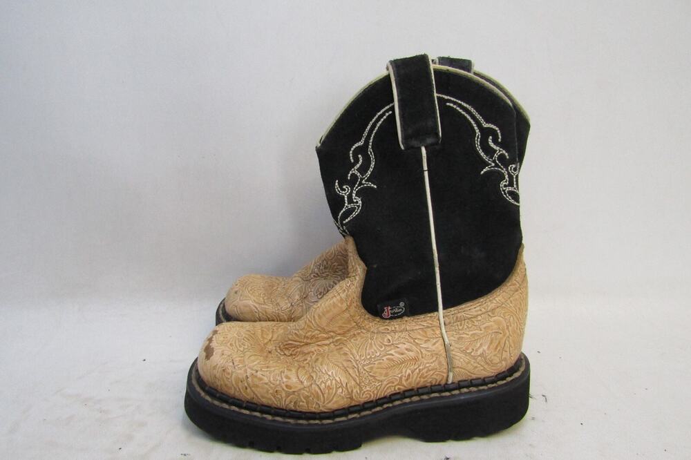 Justin Little Kids Youth Size 13 D Black Tan Tooled Leather Cowboy Western Boots